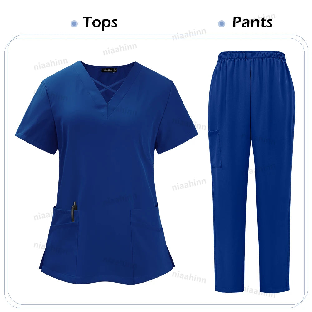 Niaahinn Medical Scrub Uniform Set Nursing Hospital Short Sleeves Top Pants Sets Nurse Uniform Fit Wholesale Spandex Scrubs Suit