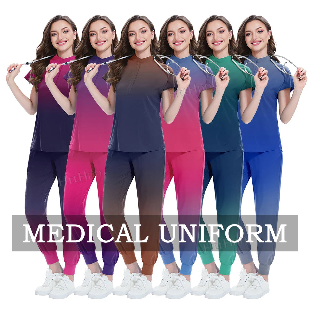 Scrubs Hospital Uniforms Women Medical Scrub Set Nurse Short Sleeve Top Joggers Scrub Suit Spa Nursing Wear Stretch Slim Uniform