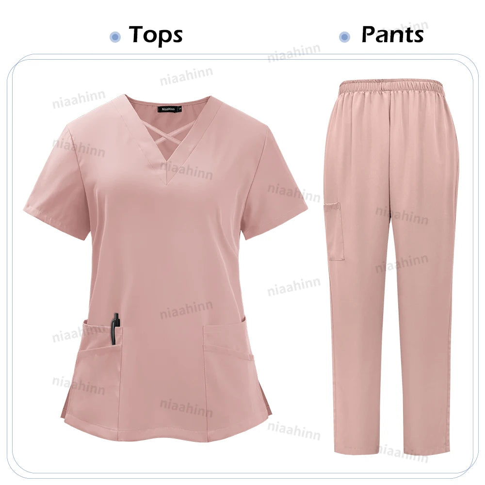 Niaahinn Medical Scrub Uniform Set Nursing Hospital Short Sleeves Top Pants Sets Nurse Uniform Fit Wholesale Spandex Scrubs Suit