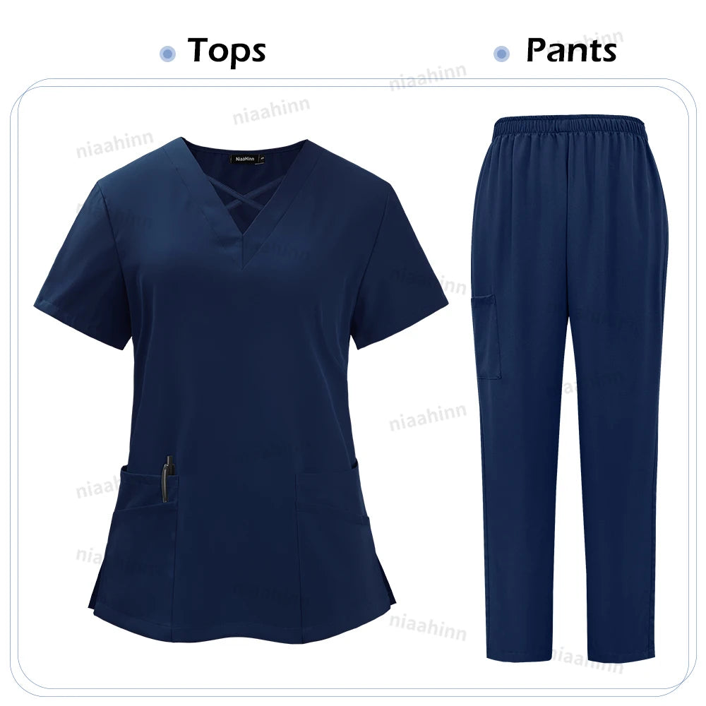 Niaahinn Medical Scrub Uniform Set Nursing Hospital Short Sleeves Top Pants Sets Nurse Uniform Fit Wholesale Spandex Scrubs Suit