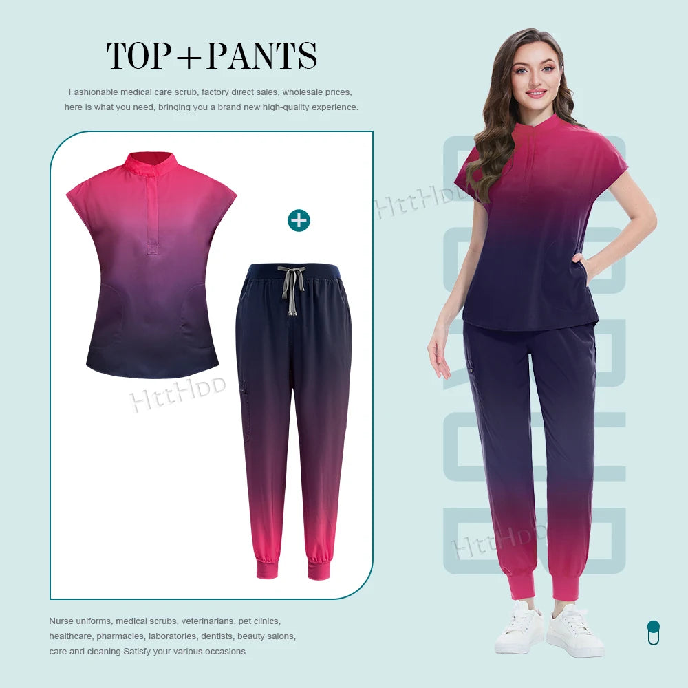 Scrubs Hospital Uniforms Women Medical Scrub Set Nurse Short Sleeve Top Joggers Scrub Suit Spa Nursing Wear Stretch Slim Uniform