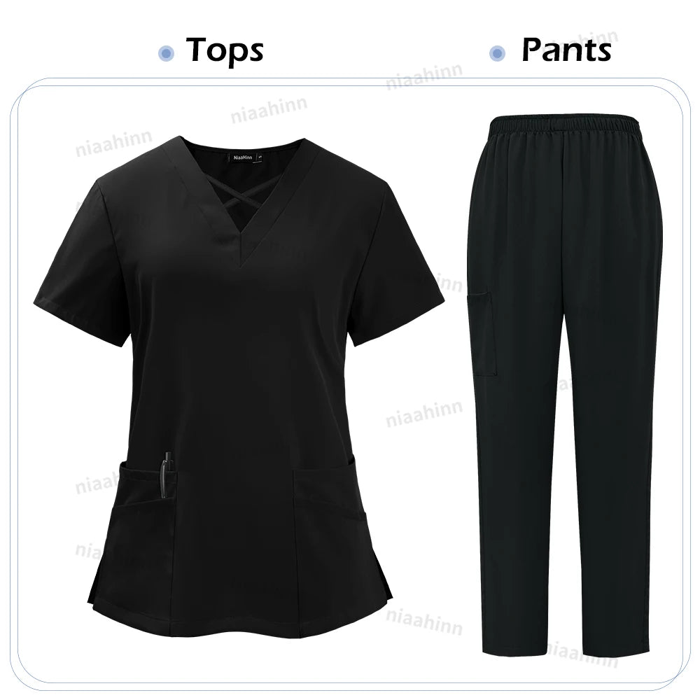 Niaahinn Medical Scrub Uniform Set Nursing Hospital Short Sleeves Top Pants Sets Nurse Uniform Fit Wholesale Spandex Scrubs Suit