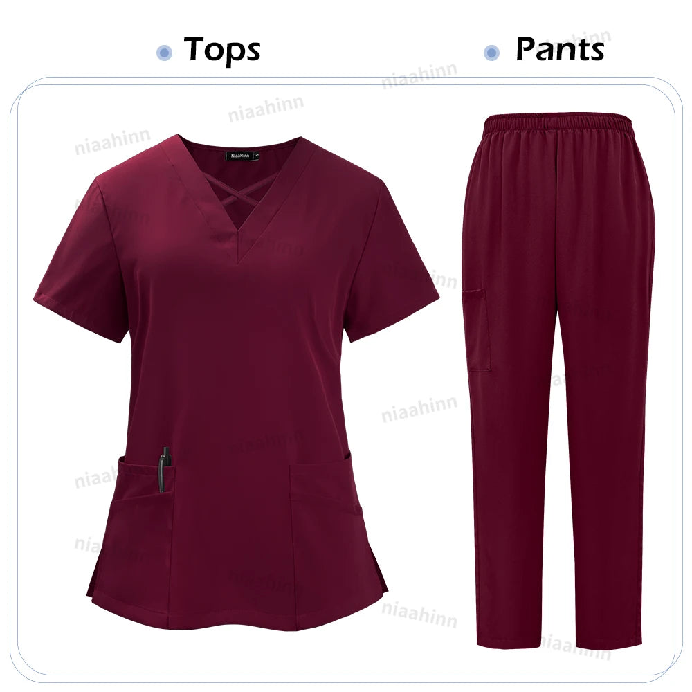 Niaahinn Medical Scrub Uniform Set Nursing Hospital Short Sleeves Top Pants Sets Nurse Uniform Fit Wholesale Spandex Scrubs Suit