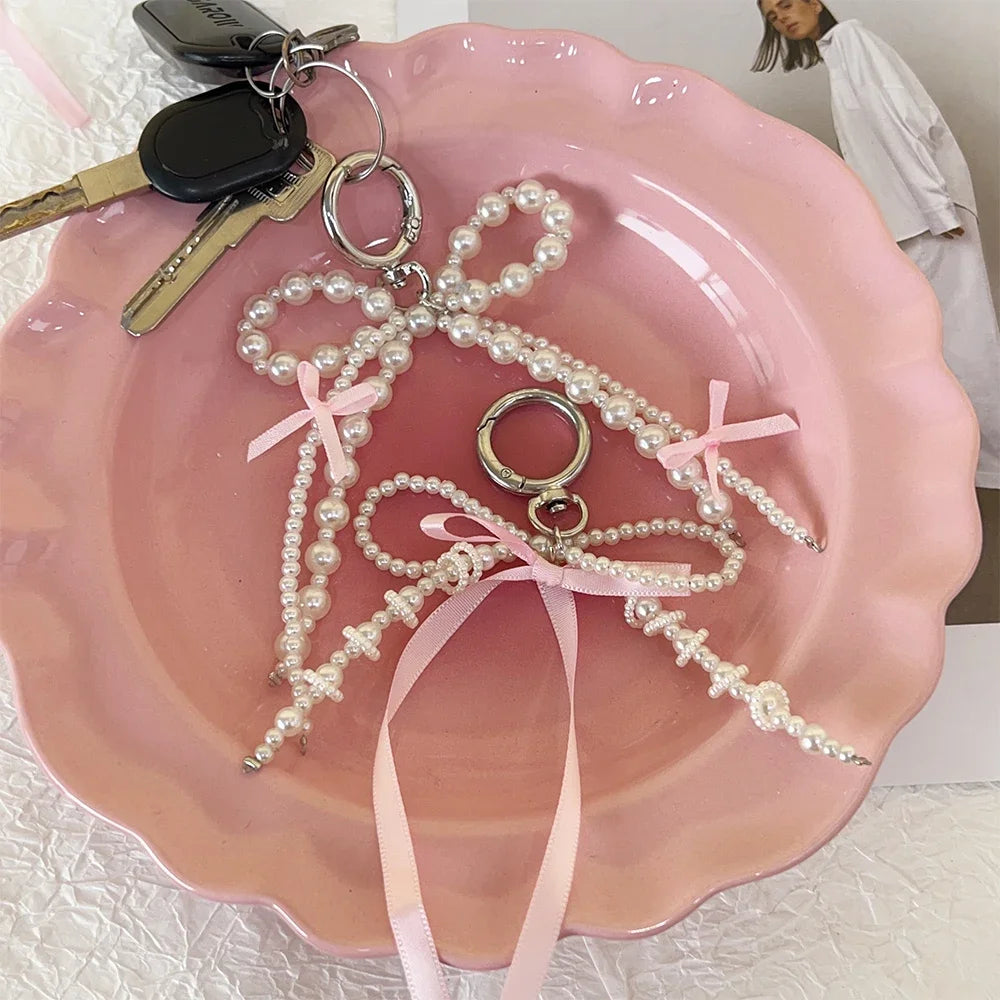 2025 New Korean Fashion Sweet Pearl Bow Keychain Heart Pendant Keyring Y2K Ins Aesthetic Holder for Girl Bag Pendant Accessories