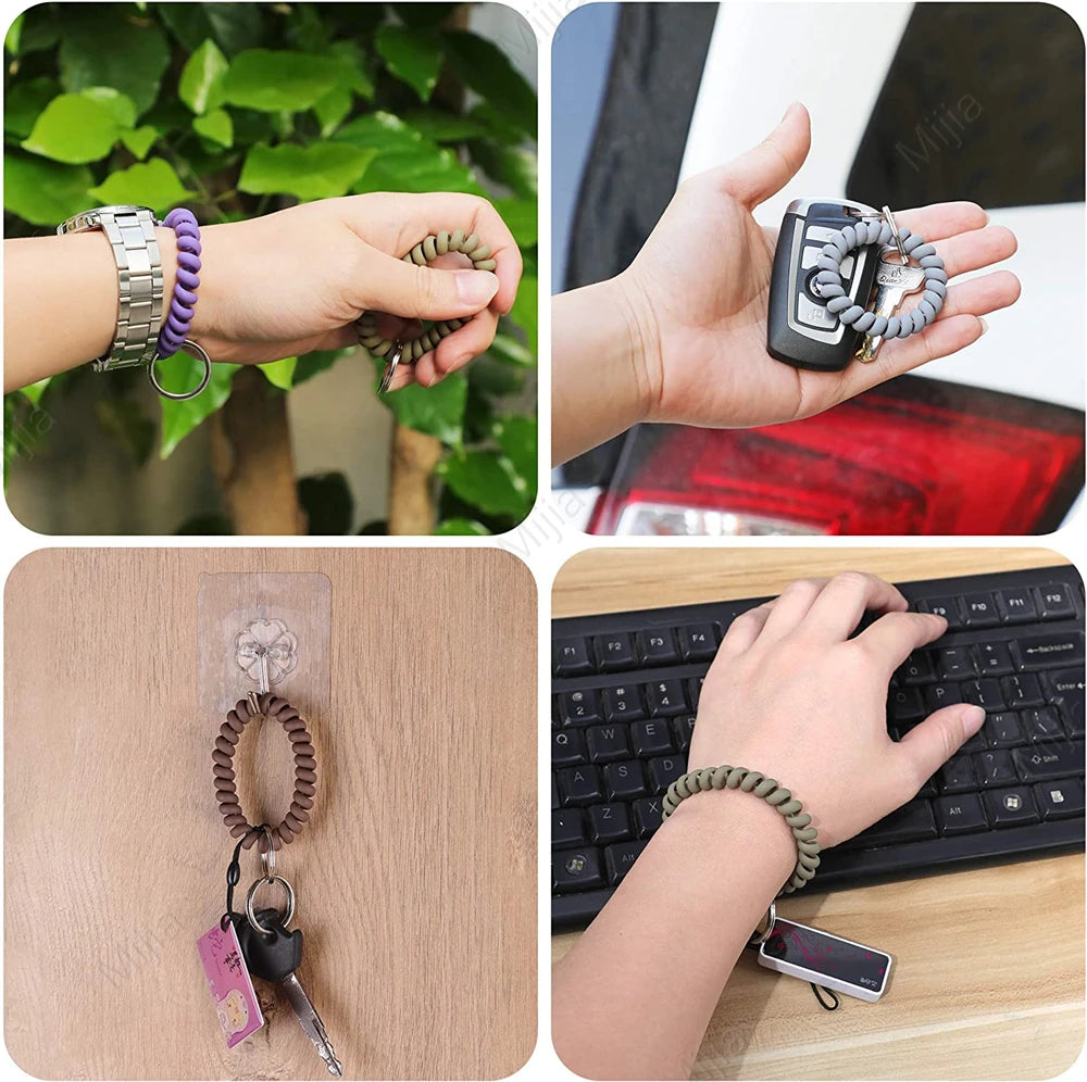 Stretchable Wristband Wristlet Keychain Spring Flexible Spiral Wrist Band Bracelet Key Holder for Gym Pool ID Badge Sports