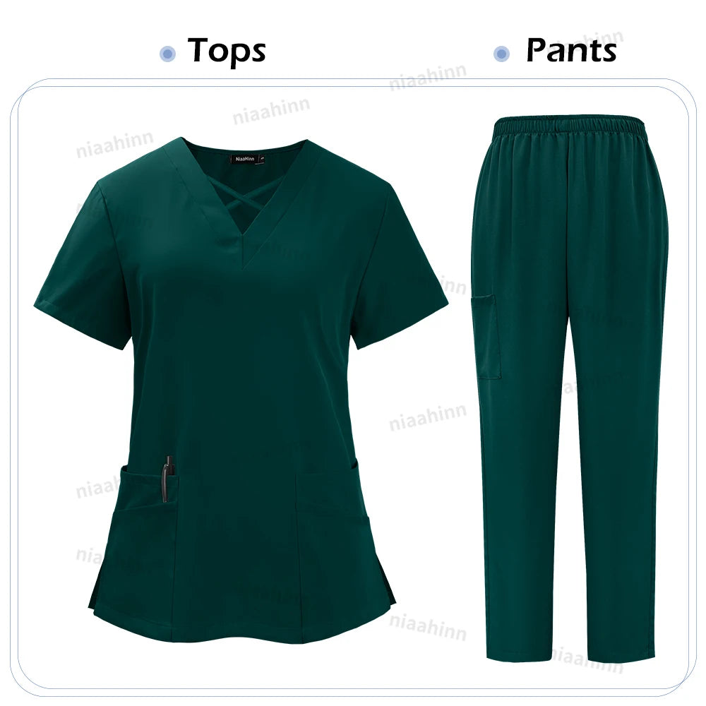 Niaahinn Medical Scrub Uniform Set Nursing Hospital Short Sleeves Top Pants Sets Nurse Uniform Fit Wholesale Spandex Scrubs Suit