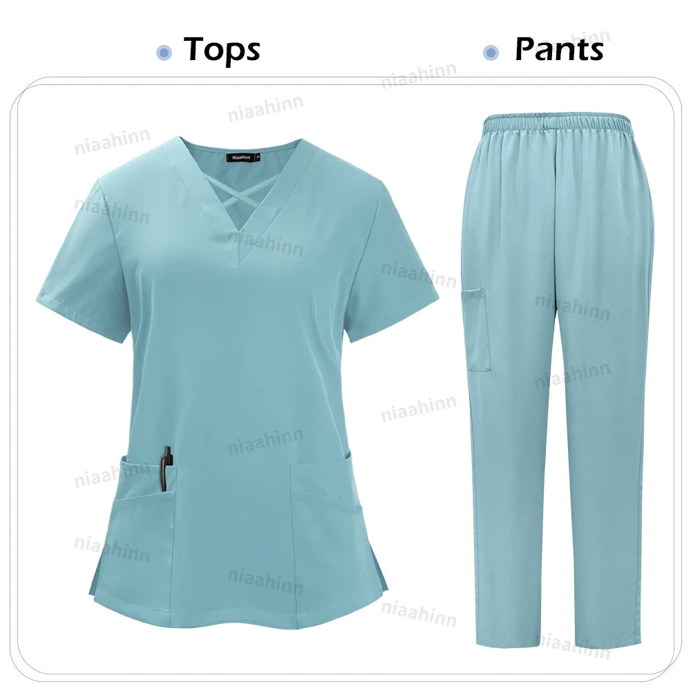 Niaahinn Medical Scrub Uniform Set Nursing Hospital Short Sleeves Top Pants Sets Nurse Uniform Fit Wholesale Spandex Scrubs Suit