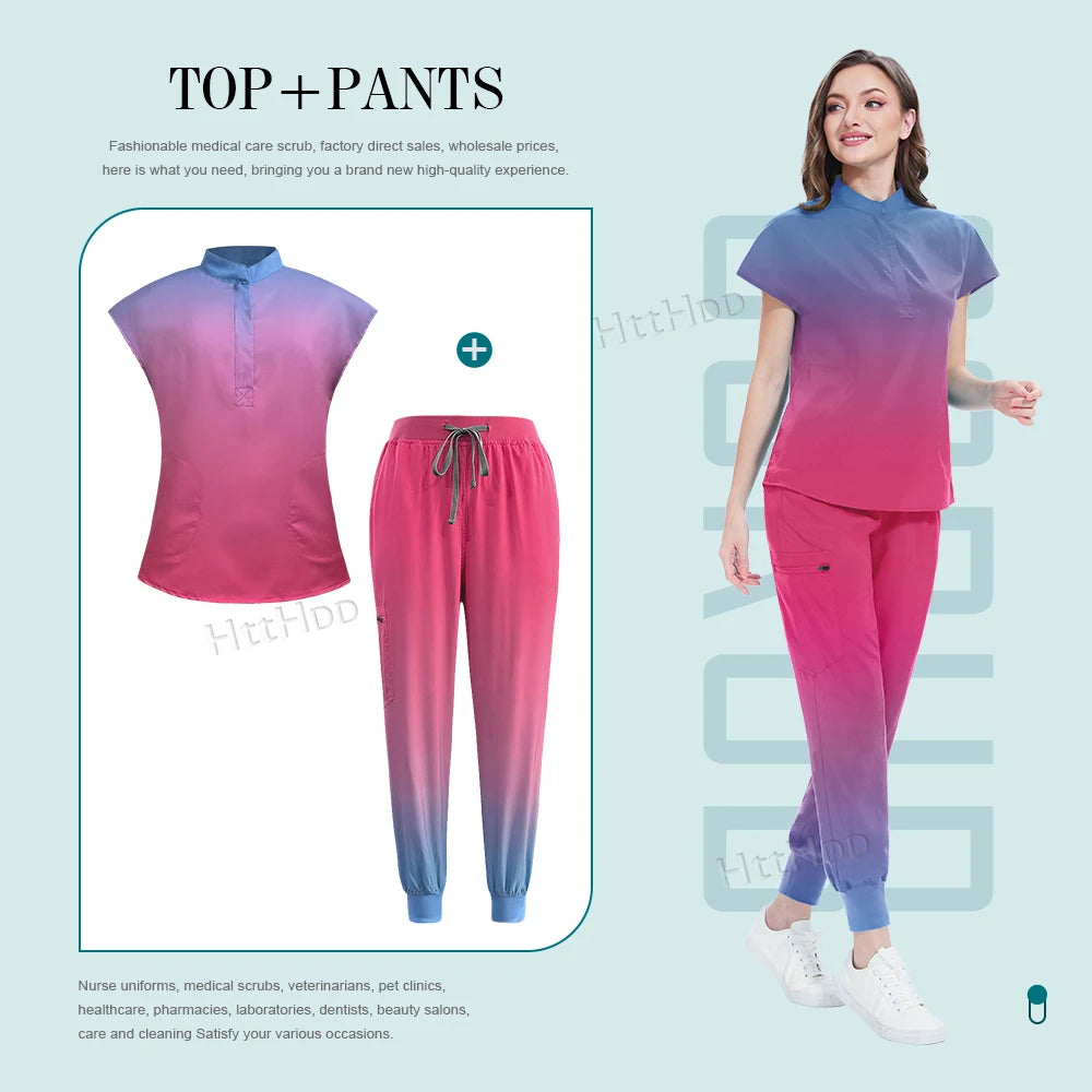 Scrubs Hospital Uniforms Women Medical Scrub Set Nurse Short Sleeve Top Joggers Scrub Suit Spa Nursing Wear Stretch Slim Uniform