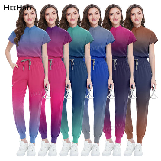 Scrubs Hospital Uniforms Women Medical Scrub Set Nurse Short Sleeve Top Joggers Scrub Suit Spa Nursing Wear Stretch Slim Uniform
