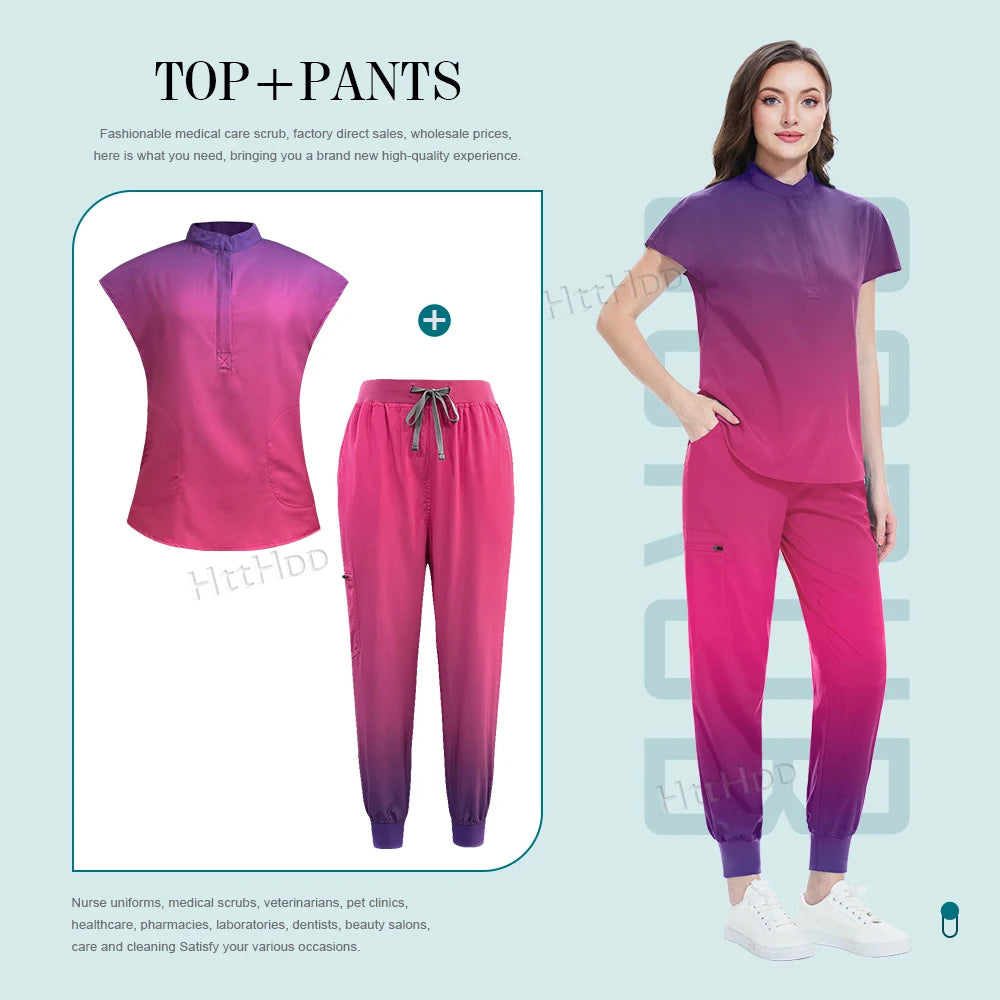 Scrubs Hospital Uniforms Women Medical Scrub Set Nurse Short Sleeve Top Joggers Scrub Suit Spa Nursing Wear Stretch Slim Uniform