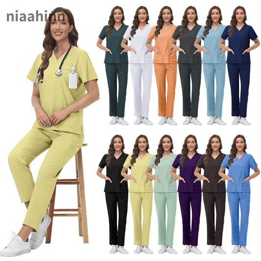 Wholesale Pharmacy Work Suit Hospital Pet Grooming Working Clothes Scrub Tops Pant Nurse Doctor Surgical Uniform Women Scrub Set