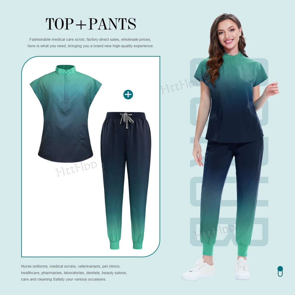 Scrubs Hospital Uniforms Women Medical Scrub Set Nurse Short Sleeve Top Joggers Scrub Suit Spa Nursing Wear Stretch Slim Uniform