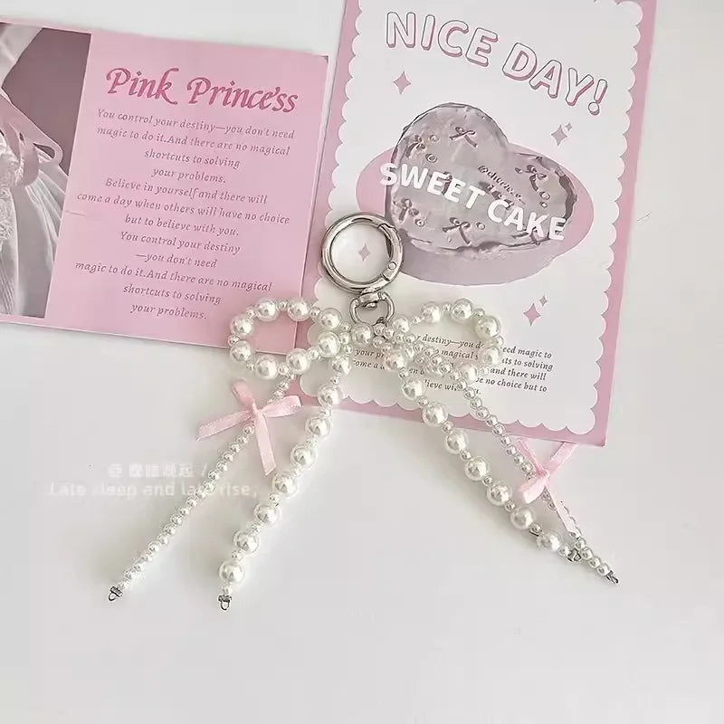 2025 New Korean Fashion Sweet Pearl Bow Keychain Heart Pendant Keyring Y2K Ins Aesthetic Holder for Girl Bag Pendant Accessories