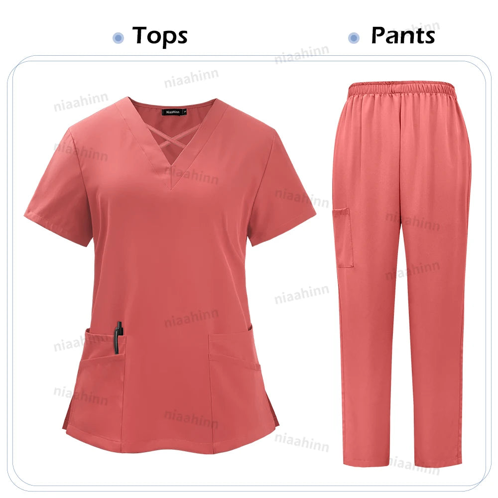 Niaahinn Medical Scrub Uniform Set Nursing Hospital Short Sleeves Top Pants Sets Nurse Uniform Fit Wholesale Spandex Scrubs Suit