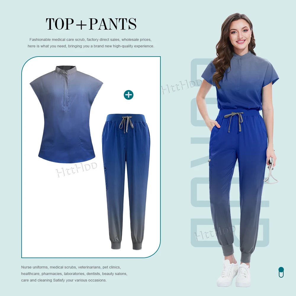 Scrubs Hospital Uniforms Women Medical Scrub Set Nurse Short Sleeve Top Joggers Scrub Suit Spa Nursing Wear Stretch Slim Uniform