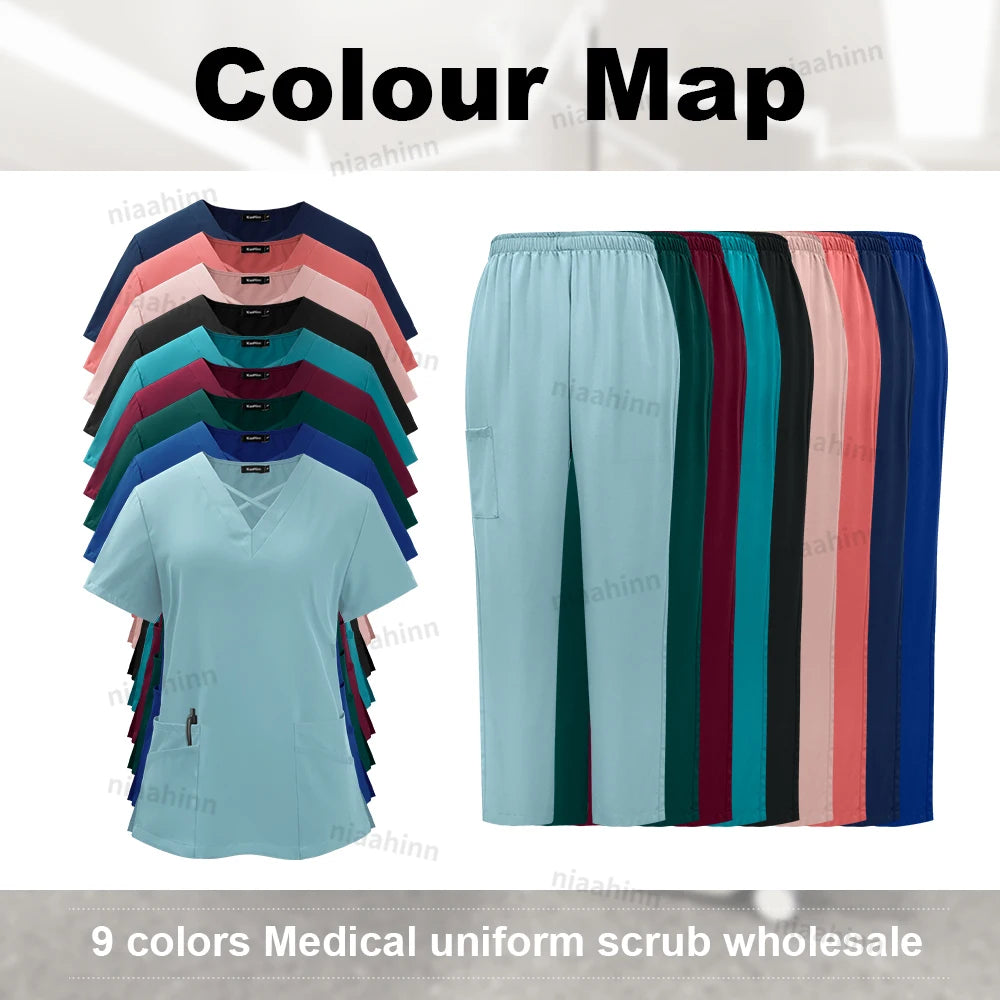 Niaahinn Medical Scrub Uniform Set Nursing Hospital Short Sleeves Top Pants Sets Nurse Uniform Fit Wholesale Spandex Scrubs Suit