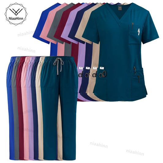 Nurse Uniform Scrubs Sets Women Blouse Medicale Femme Nursing Pants Suits Medical Accessories Healthcare Beauty Salons Work Wear