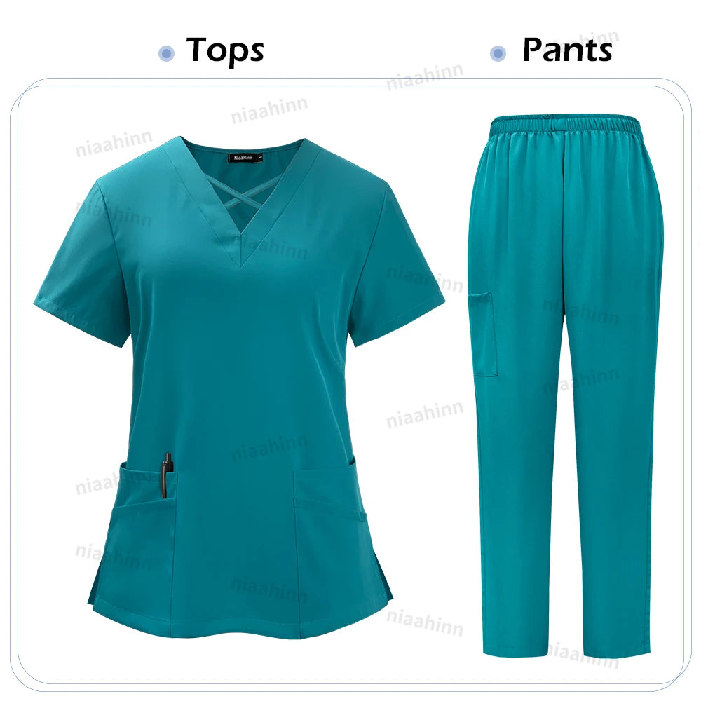 Niaahinn Medical Scrub Uniform Set Nursing Hospital Short Sleeves Top Pants Sets Nurse Uniform Fit Wholesale Spandex Scrubs Suit