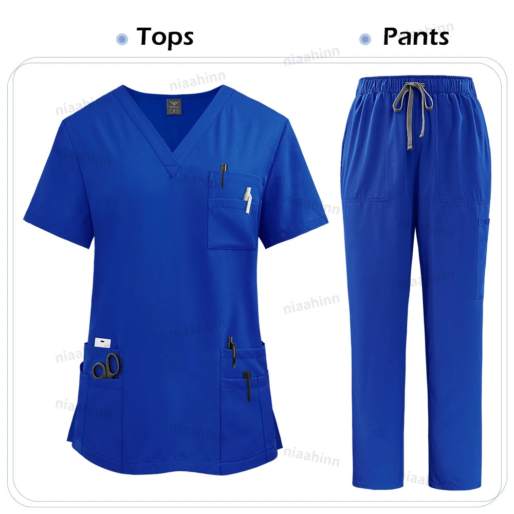 Nurse Uniform Scrubs Sets Women Blouse Medicale Femme Nursing Pants Suits Medical Accessories Healthcare Beauty Salons Work Wear