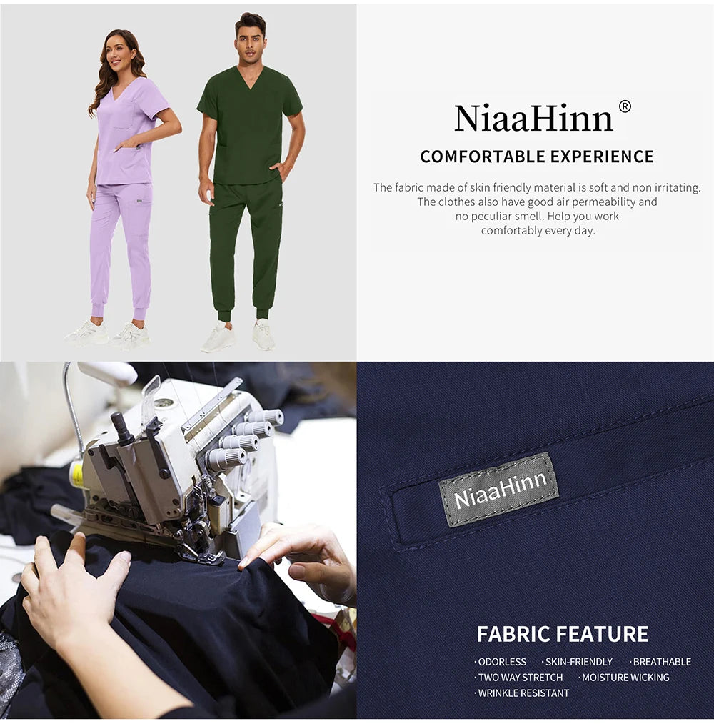 Niaahinn Nurse Surgical Scrub Suit Men Women Unisex Doctor Medical Hospital Uniform Top Jogger Pants Veterinary Nursing Uniforms