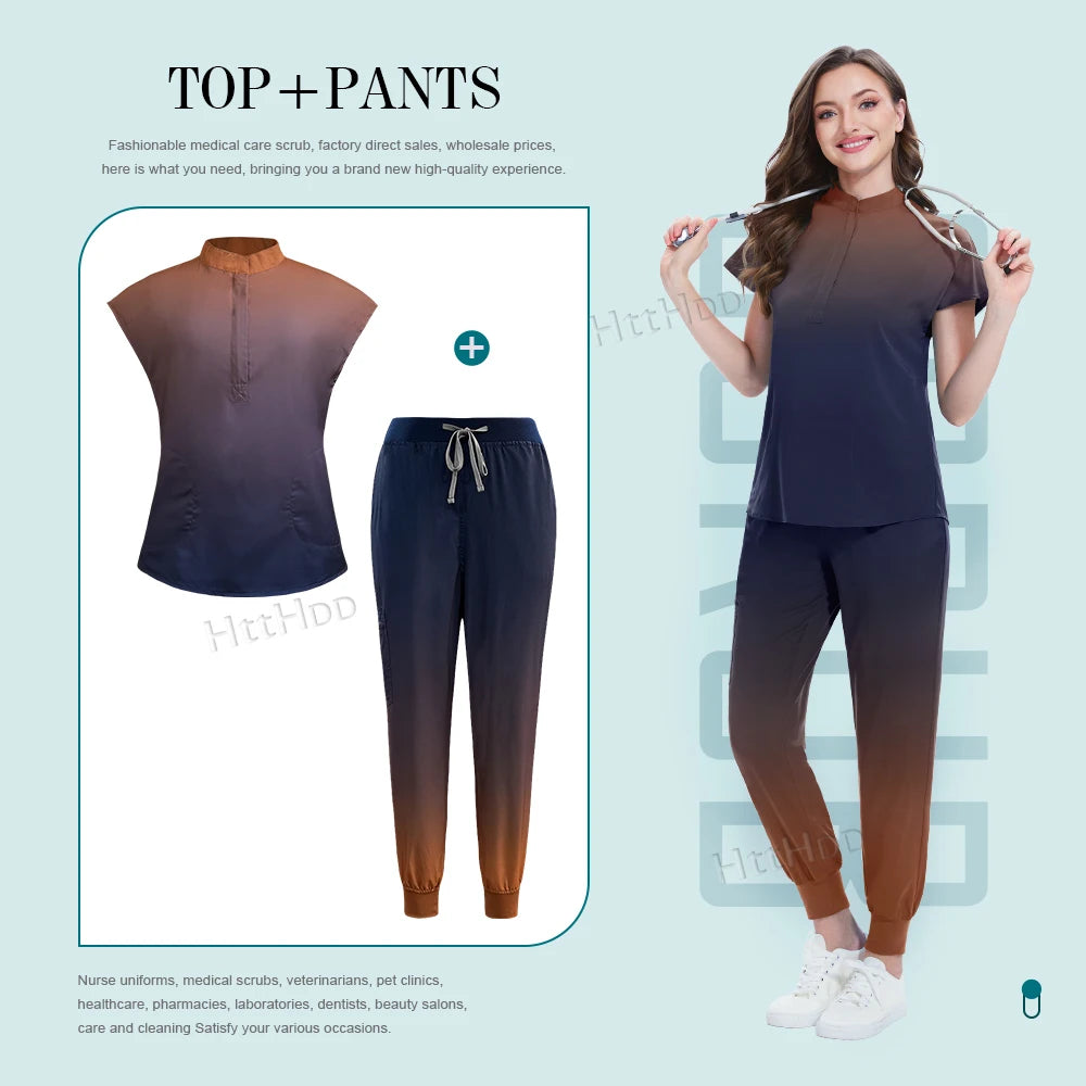 Scrubs Hospital Uniforms Women Medical Scrub Set Nurse Short Sleeve Top Joggers Scrub Suit Spa Nursing Wear Stretch Slim Uniform